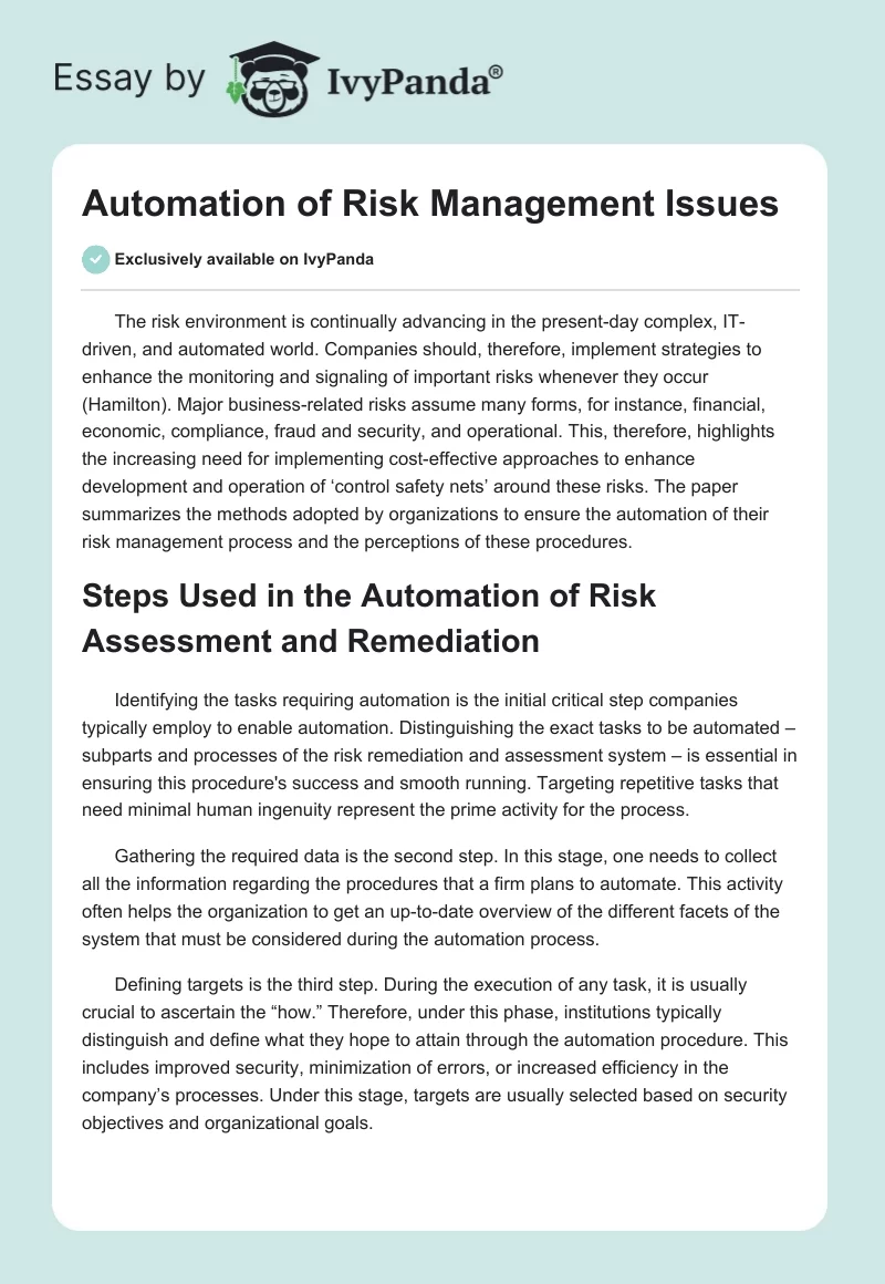 Automation of Risk Management Issues. Page 1