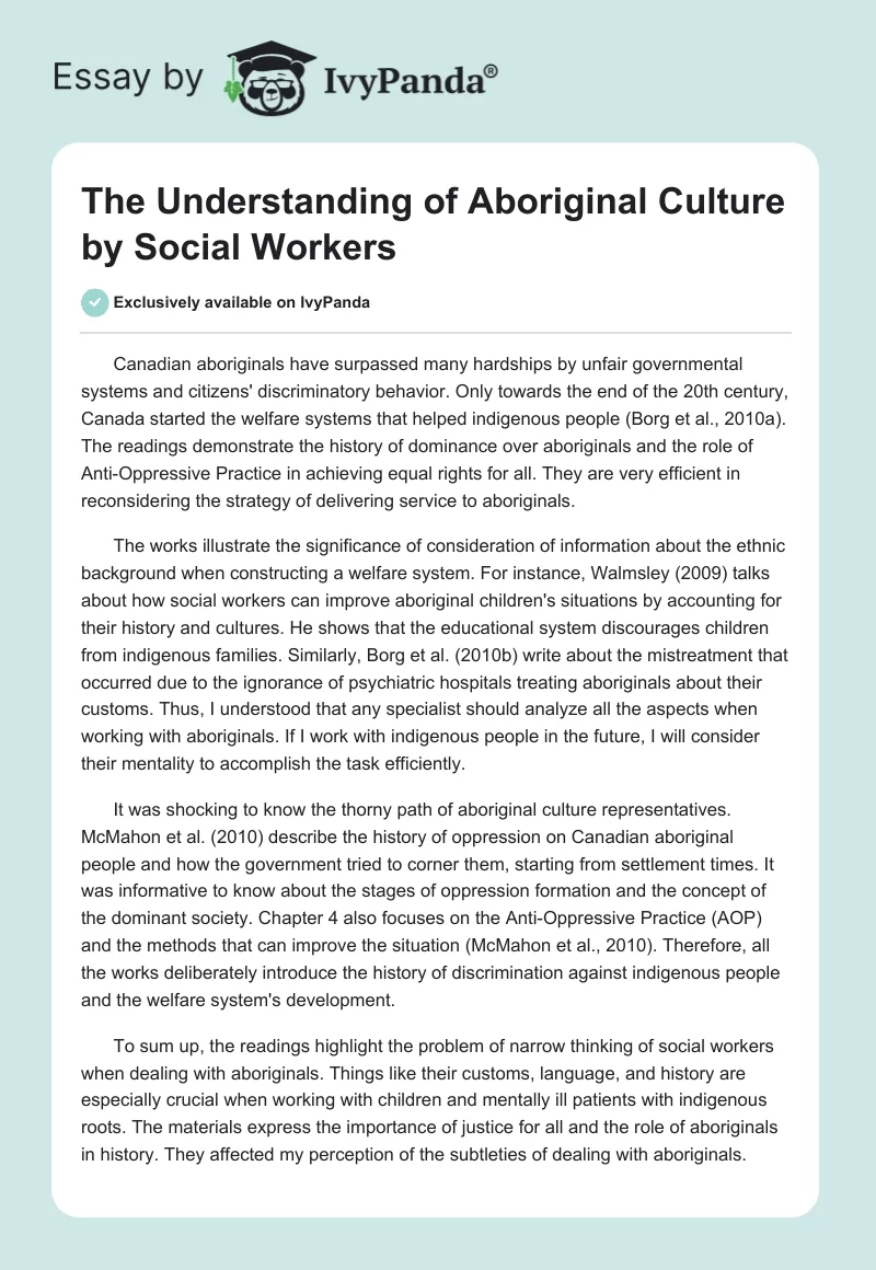 The Understanding of Aboriginal Culture by Social Workers. Page 1
