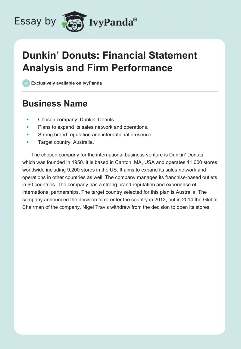 Dunkin’ Donuts: Financial Statement Analysis and Firm Performance. Page 1