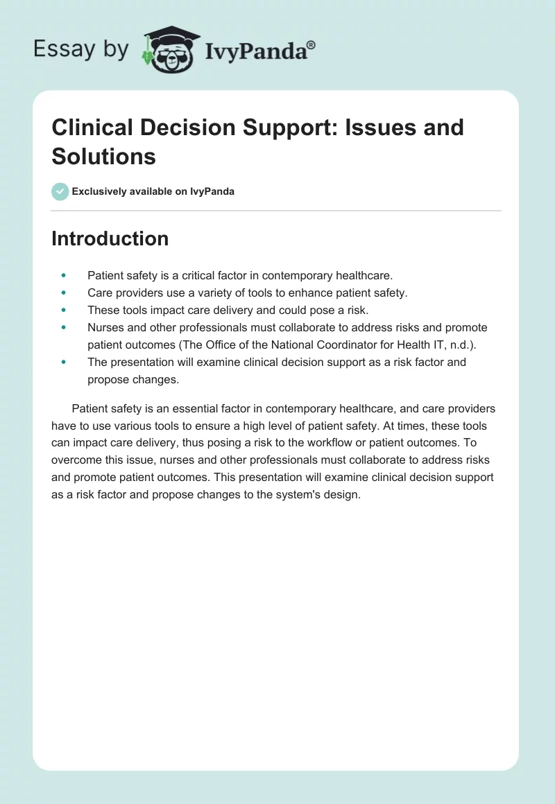Clinical Decision Support: Issues and Solutions. Page 1