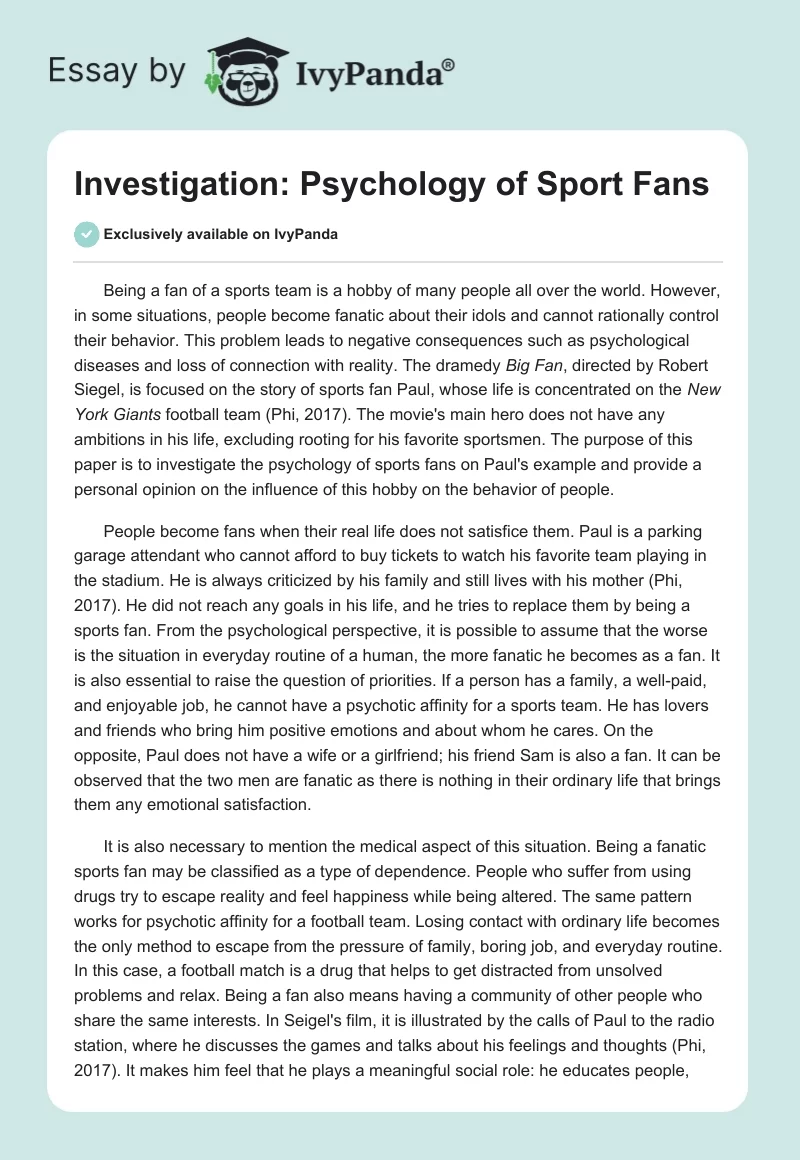 Investigation: Psychology of Sport Fans. Page 1