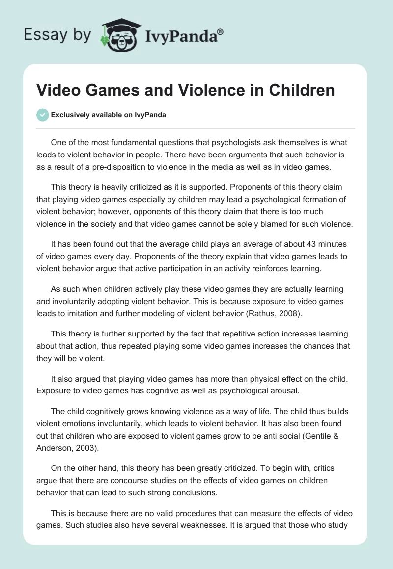 Video Games and Violence in Children. Page 1
