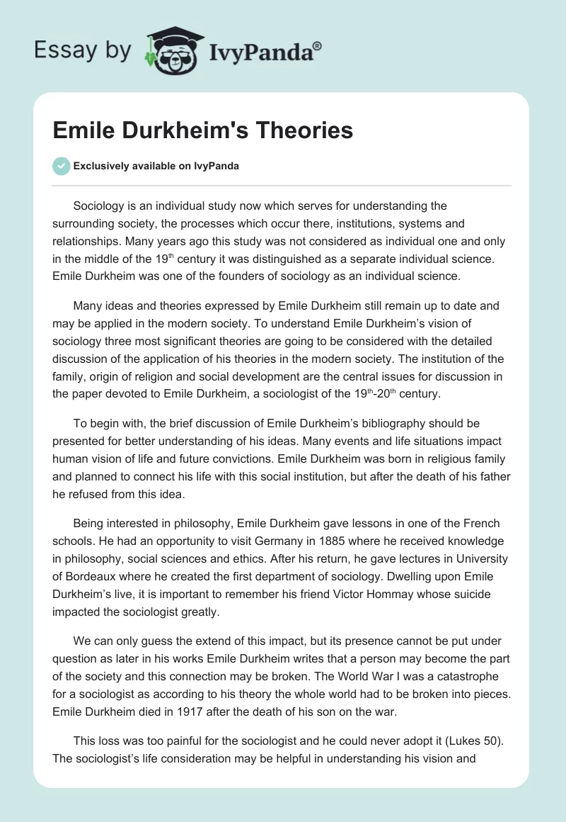 Emile Durkheim's Theories. Page 1
