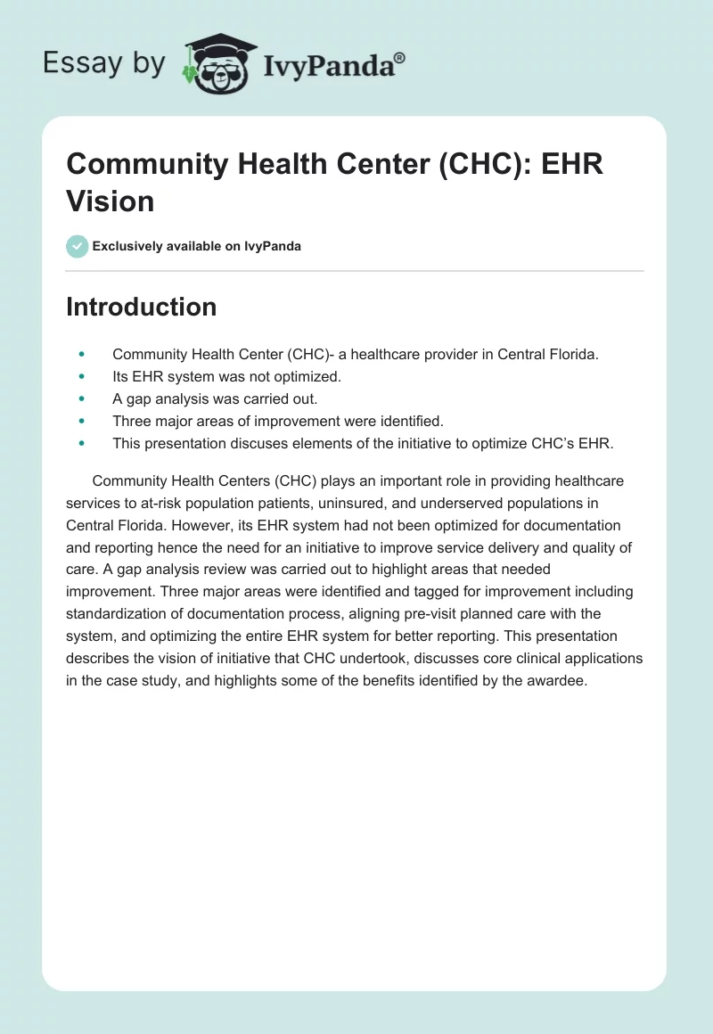 Community Health Center (CHC): EHR Vision. Page 1