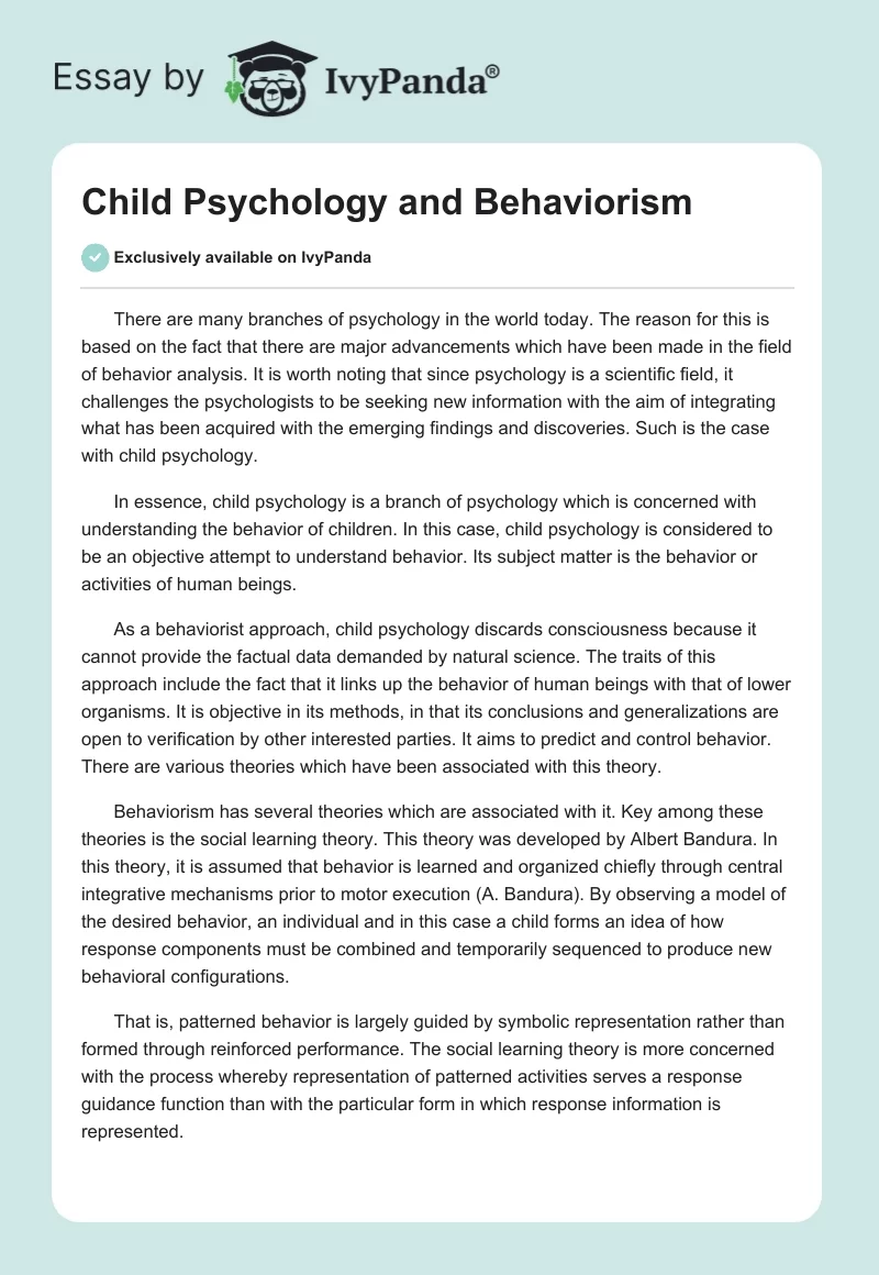 Child Psychology and Behaviorism. Page 1