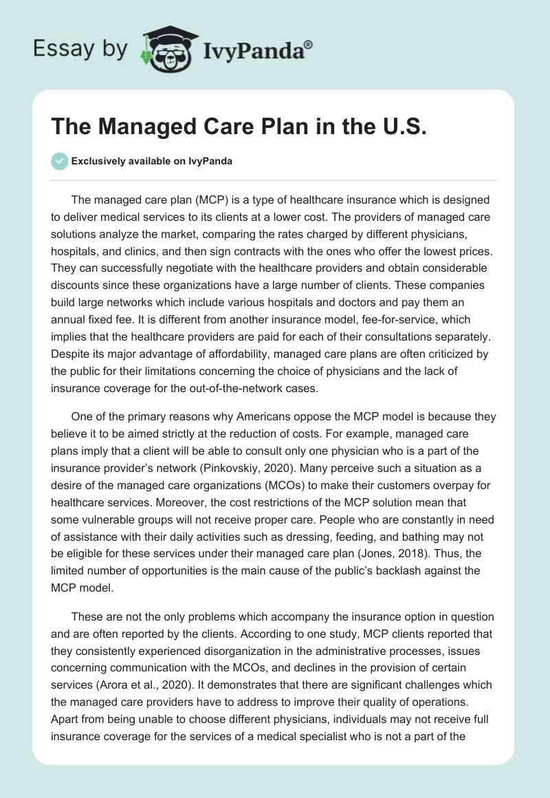 The Managed Care Plan in the U.S.. Page 1