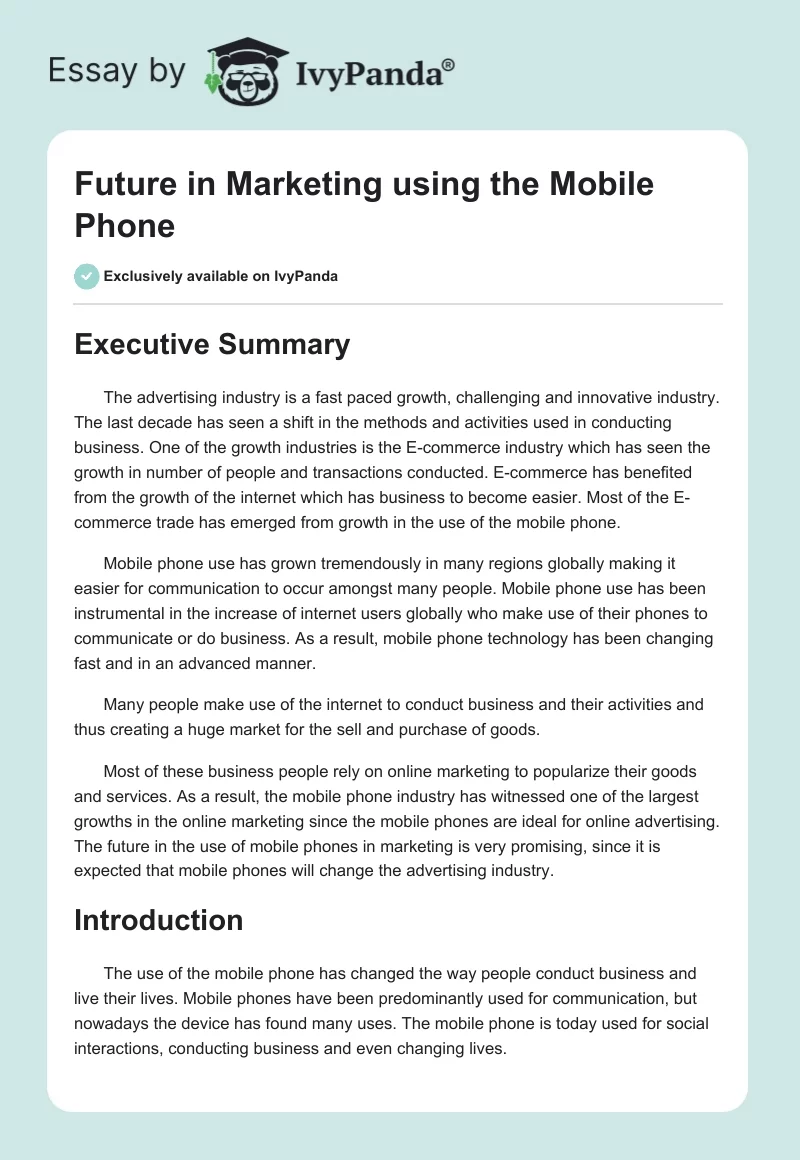 Future in Marketing using the Mobile Phone. Page 1