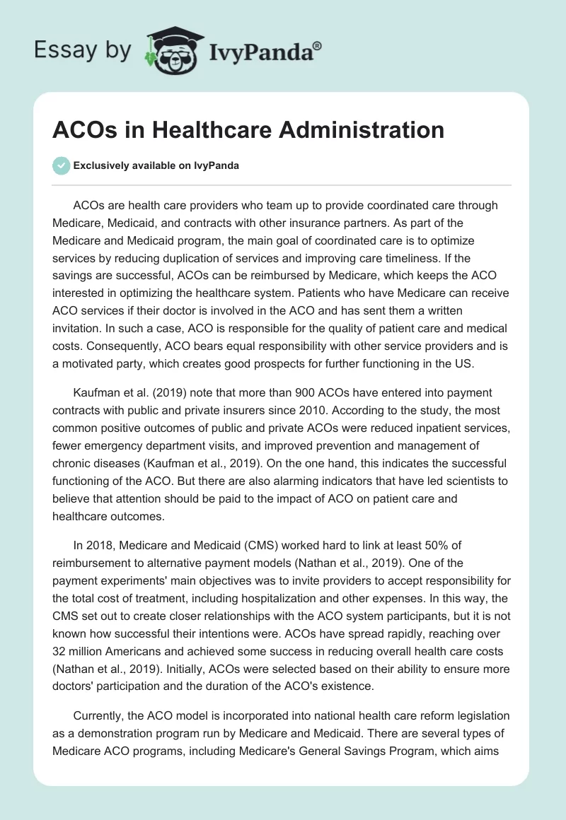 ACOs in Healthcare Administration. Page 1