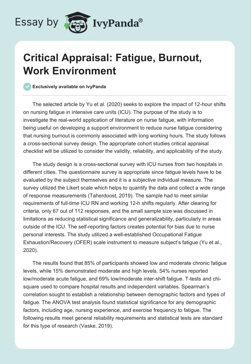 Critical Appraisal: Fatigue, Burnout, Work Environment. Page 1