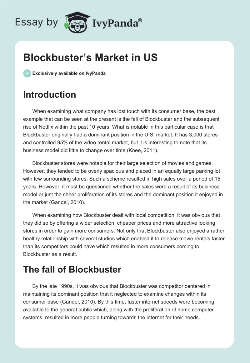Blockbuster’s Market in US. Page 1