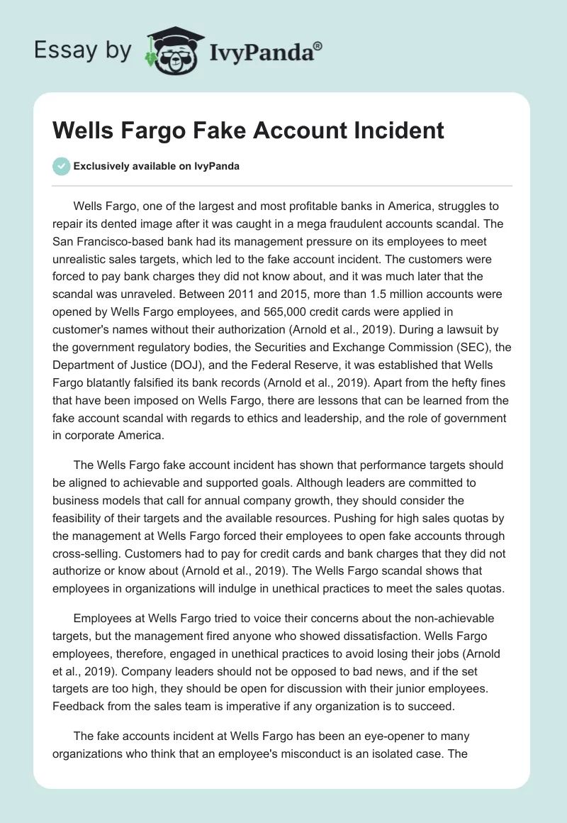 Wells Fargo Fake Account Incident. Page 1