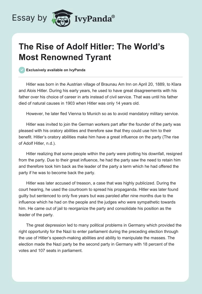 The Rise of Adolf Hitler: The World’s Most Renowned Tyrant. Page 1