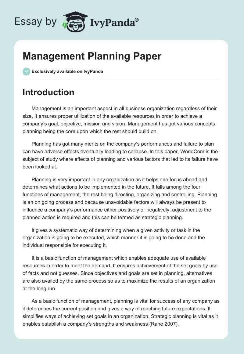 Management Planning Paper. Page 1