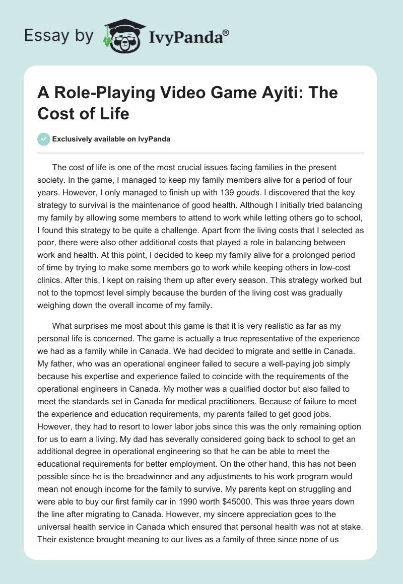 A Role-Playing Video Game Ayiti: The Cost of Life. Page 1