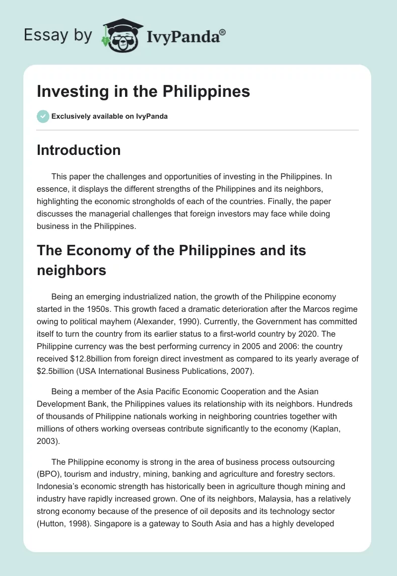Investing in the Philippines. Page 1