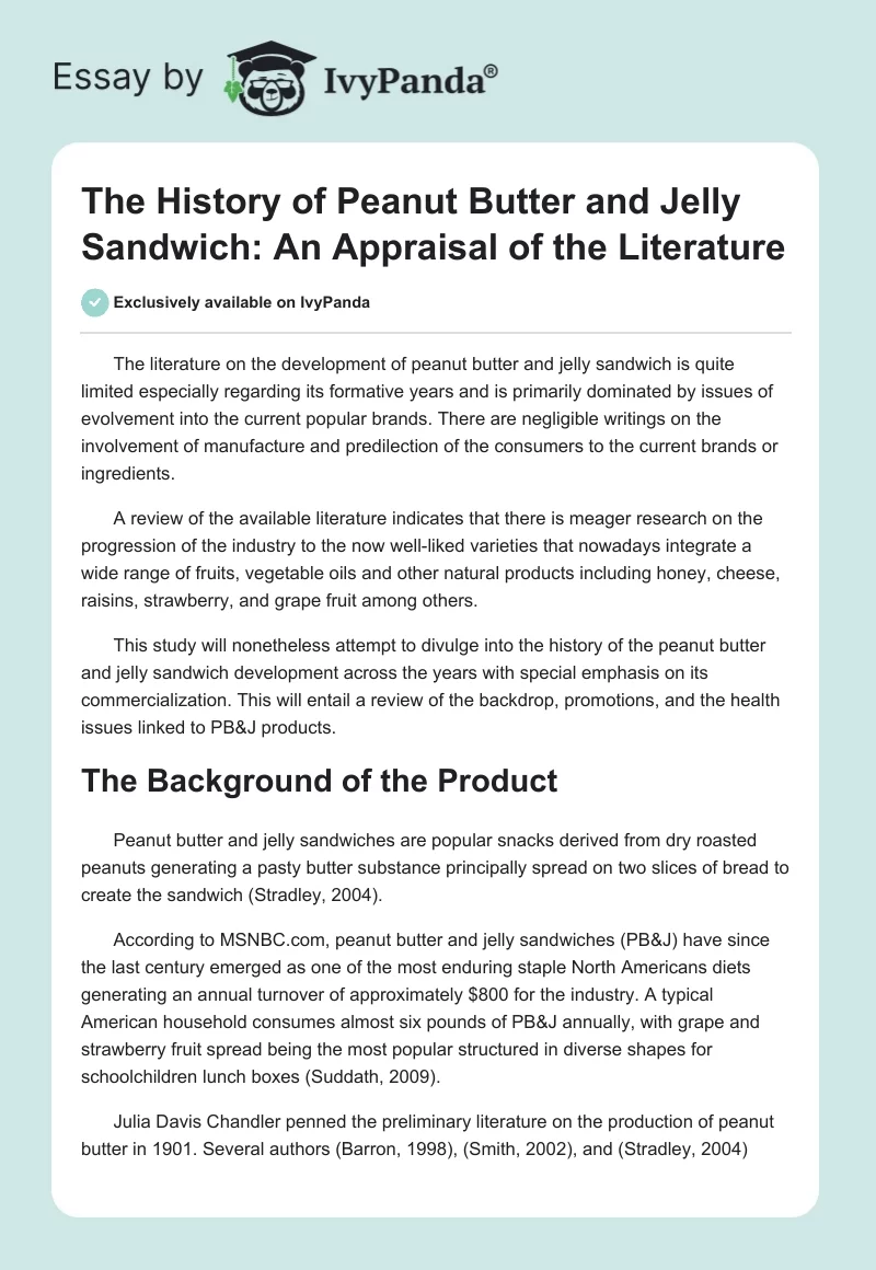 The History of Peanut Butter and Jelly Sandwich: An Appraisal of the Literature. Page 1