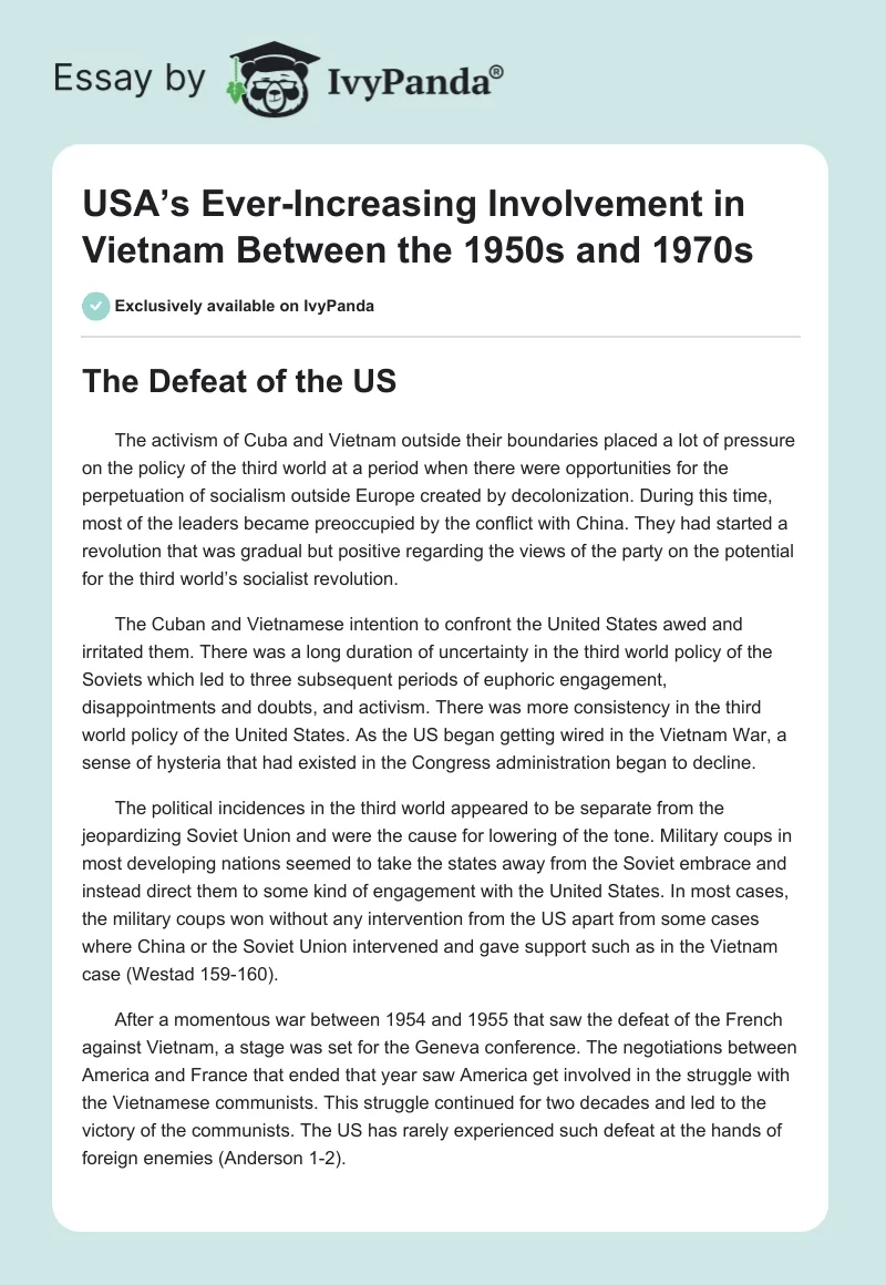 USA’s Ever-Increasing Involvement in Vietnam Between the 1950s and 1970s. Page 1