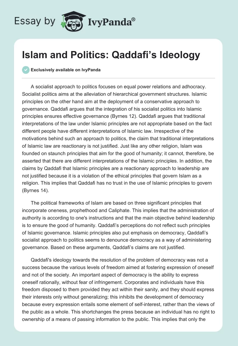 Islam and Politics: Qaddafi’s Ideology. Page 1