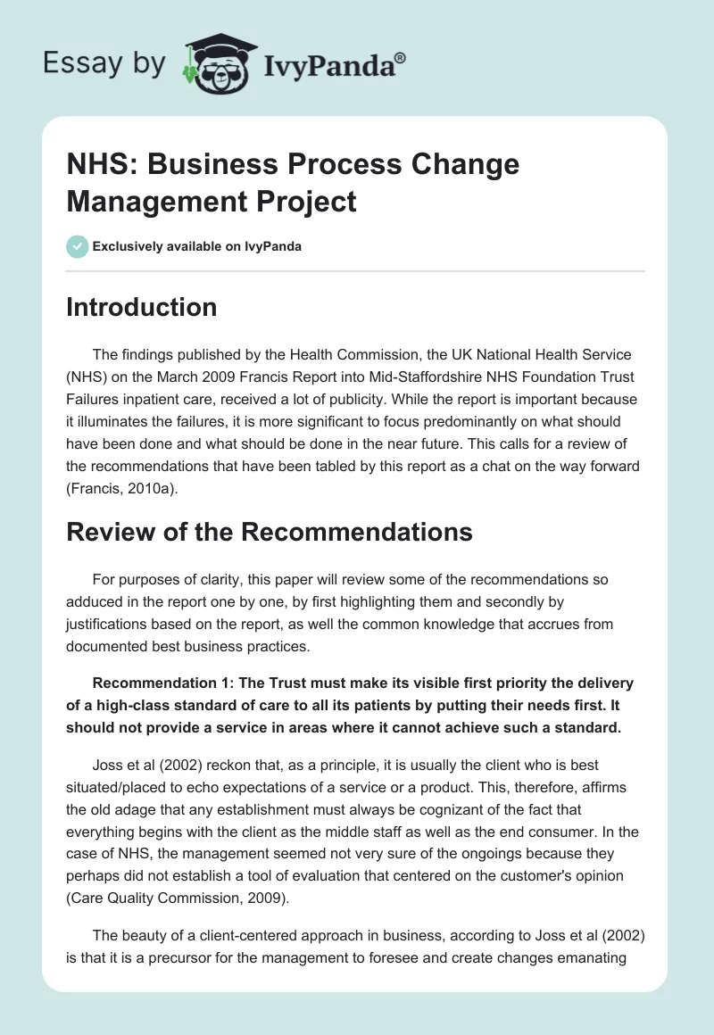 NHS: Business Process Change Management Project. Page 1