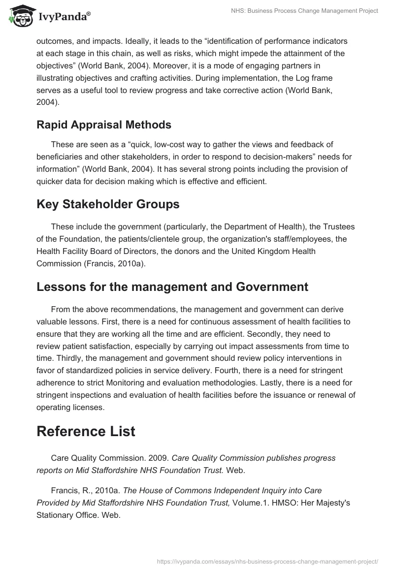 NHS: Business Process Change Management Project. Page 5