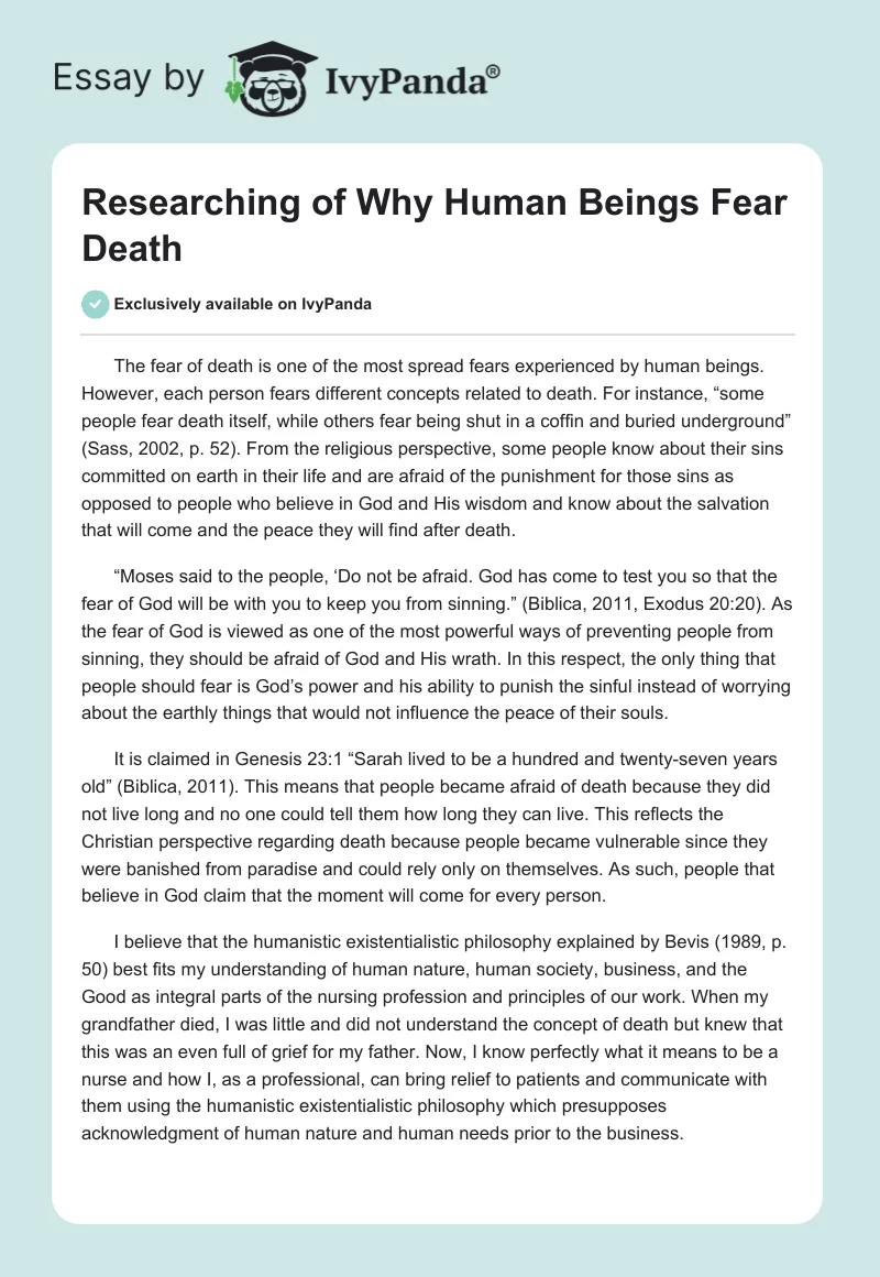 Researching of Why Human Beings Fear Death. Page 1
