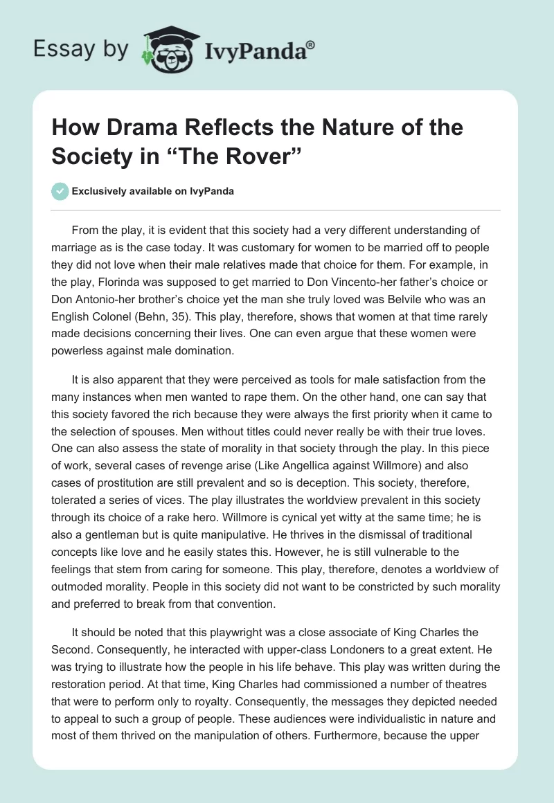 How Drama Reflects the Nature of the Society in “The Rover”. Page 1