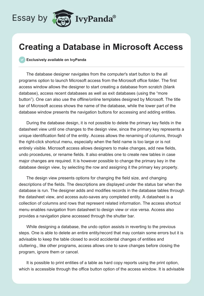 Creating a Database in Microsoft Access. Page 1