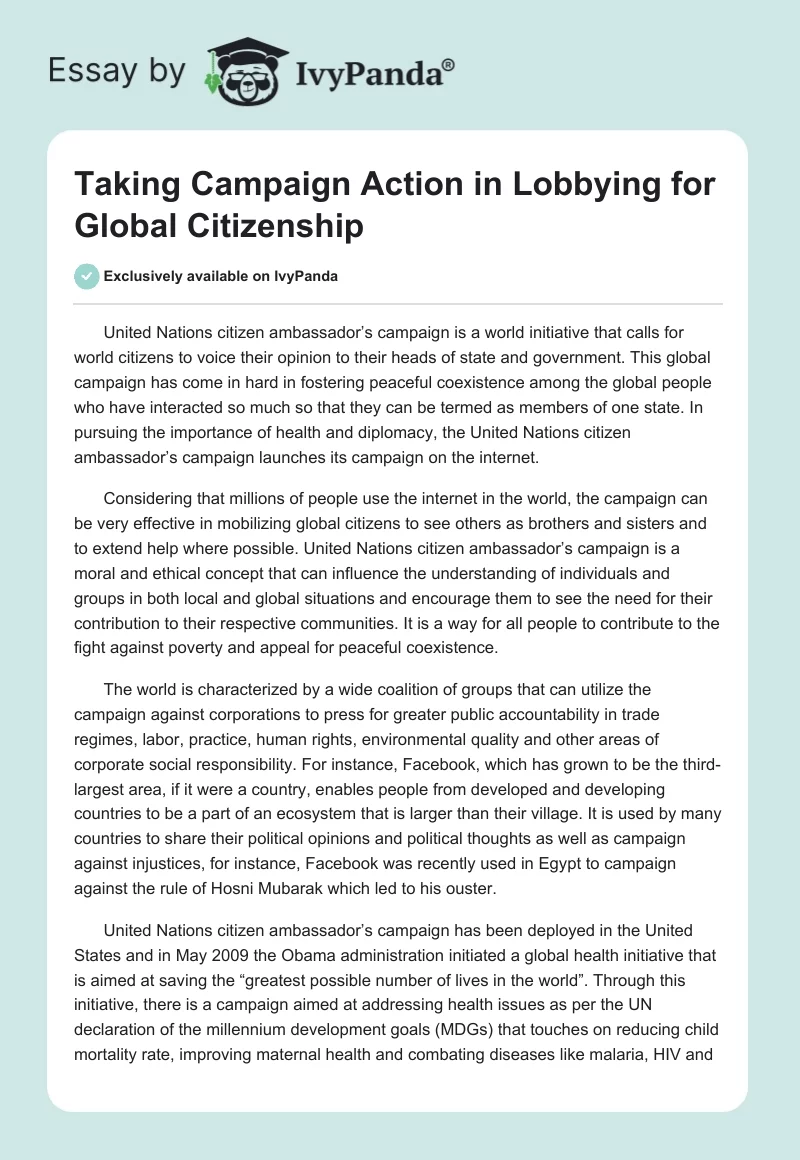 Taking Campaign Action in Lobbying for Global Citizenship. Page 1
