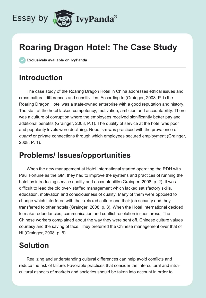 Roaring Dragon Hotel: The Case Study. Page 1