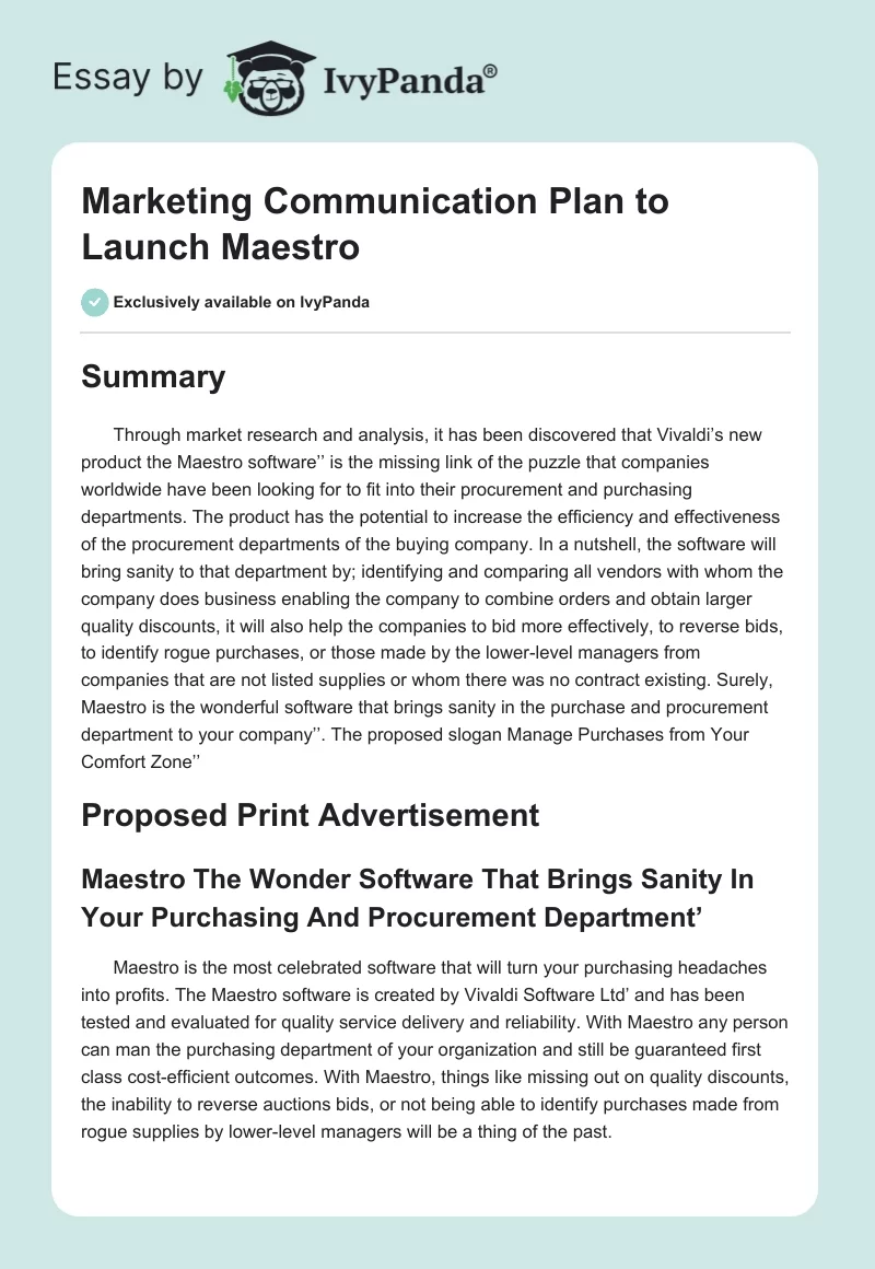 Marketing Communication Plan to Launch Maestro. Page 1