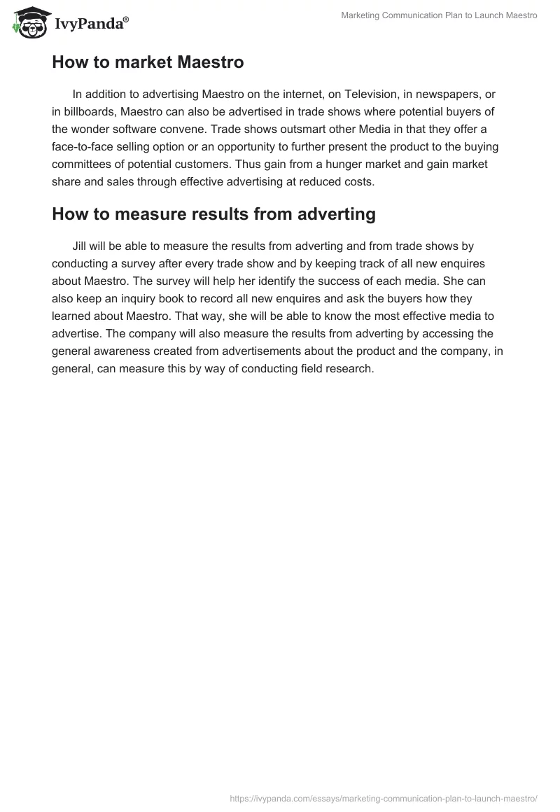 Marketing Communication Plan to Launch Maestro. Page 3