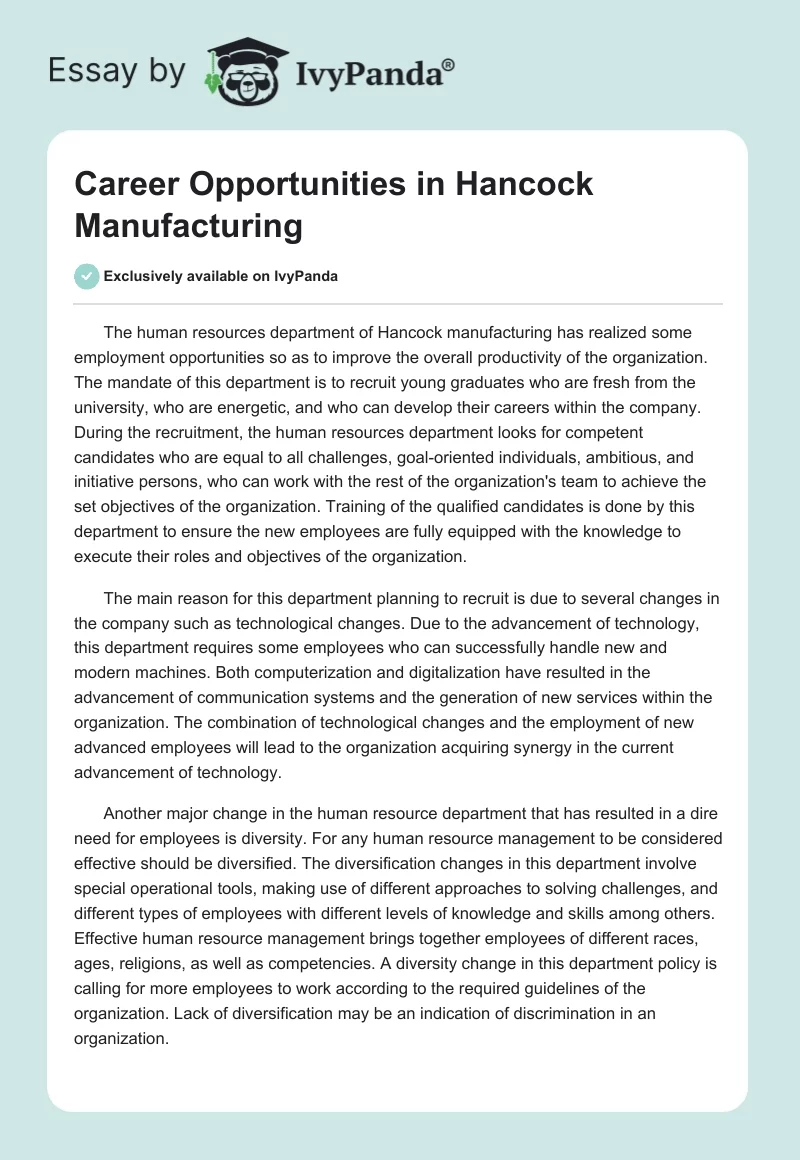 Career Opportunities in Hancock Manufacturing. Page 1