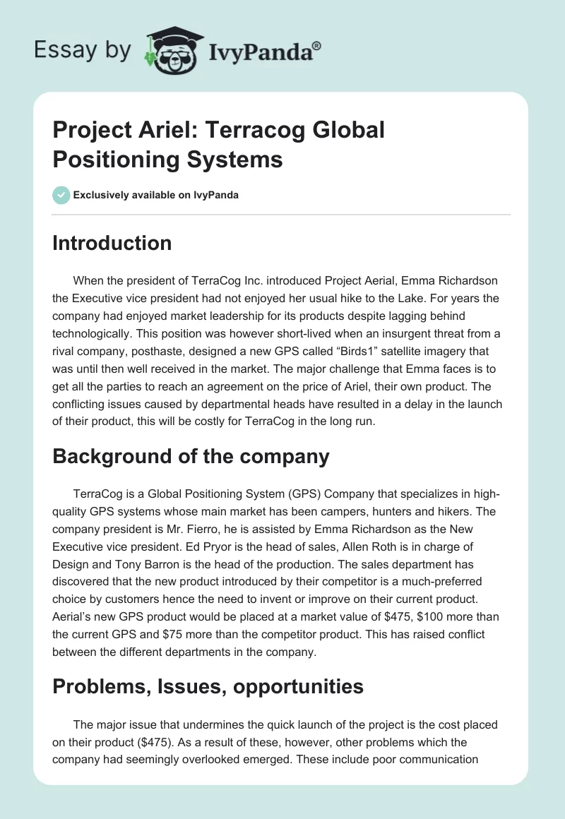Project Ariel: Terracog Global Positioning Systems. Page 1