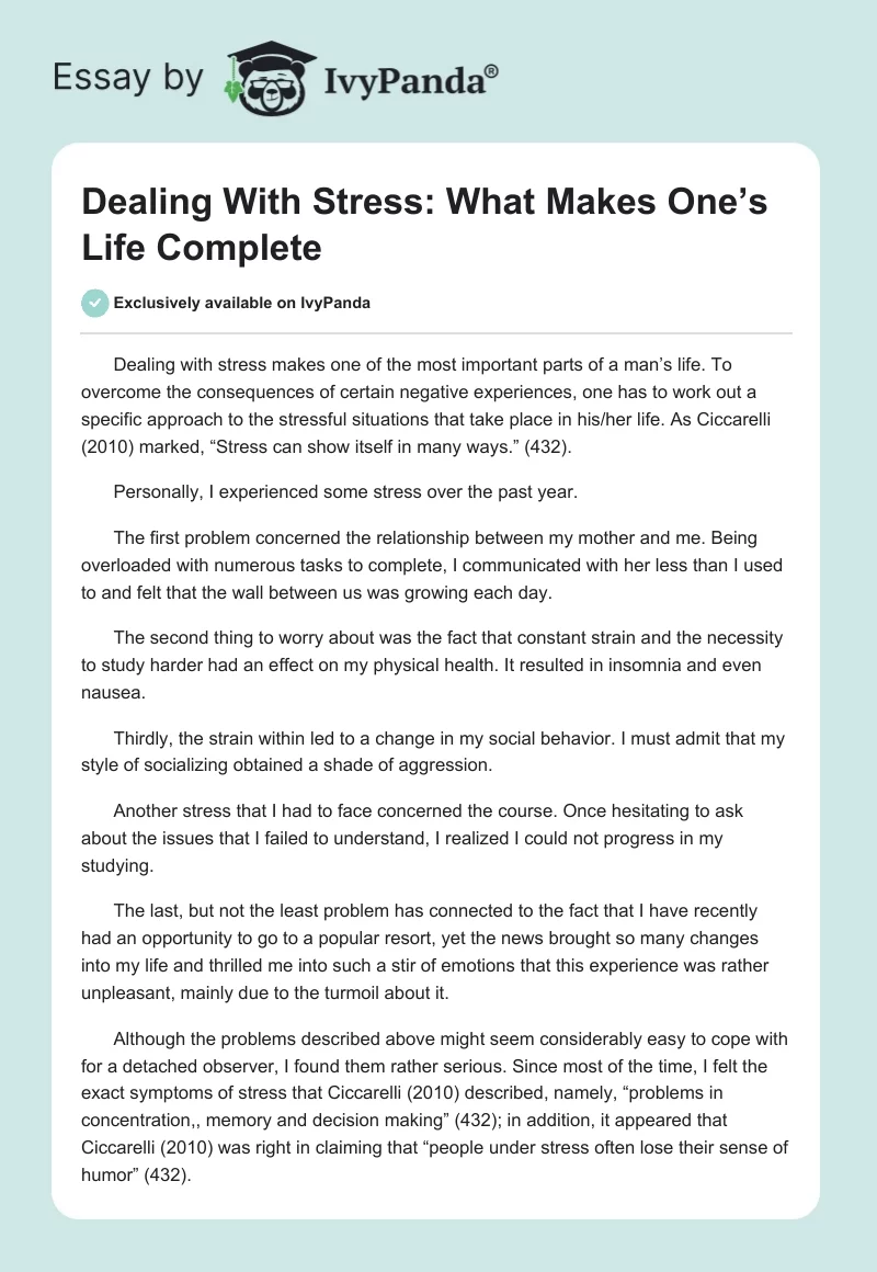 Dealing With Stress: What Makes One’s Life Complete. Page 1