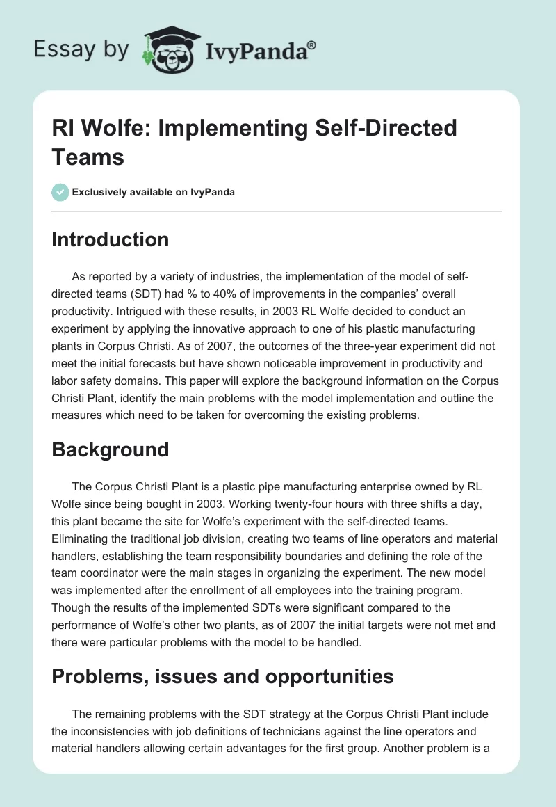 Rl Wolfe: Implementing Self-Directed Teams. Page 1