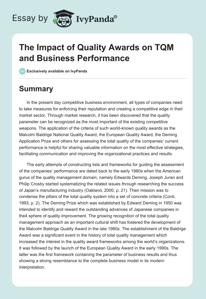 The Impact of Quality Awards on TQM and Business Performance. Page 1