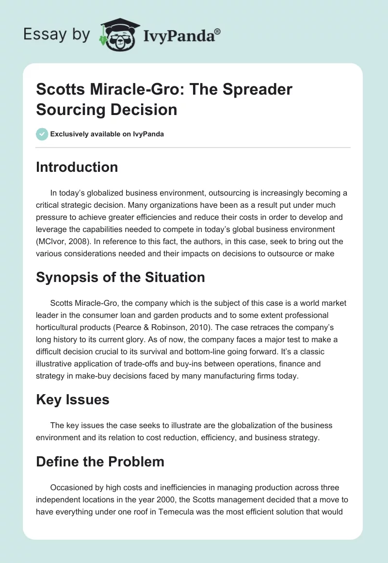 Scotts Miracle-Gro: The Spreader Sourcing Decision. Page 1