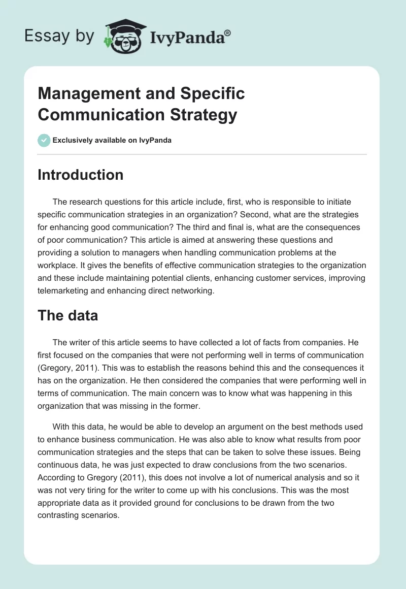 Management and Specific Communication Strategy. Page 1