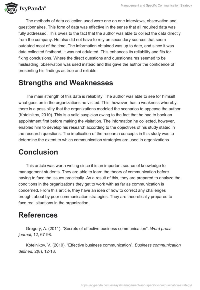 Management and Specific Communication Strategy. Page 2