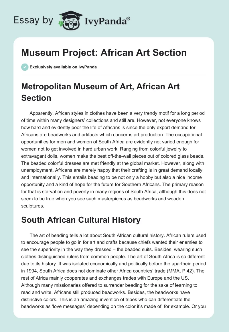 Museum Project: African Art Section. Page 1