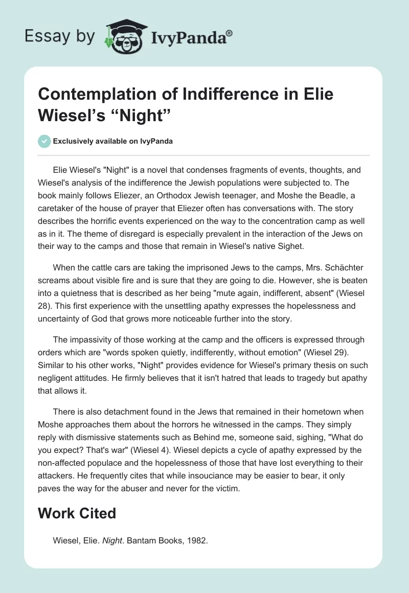 Contemplation of Indifference in Elie Wiesel’s “Night”. Page 1
