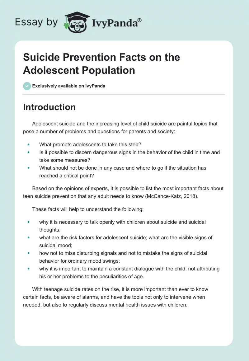 Suicide Prevention Facts on the Adolescent Population. Page 1