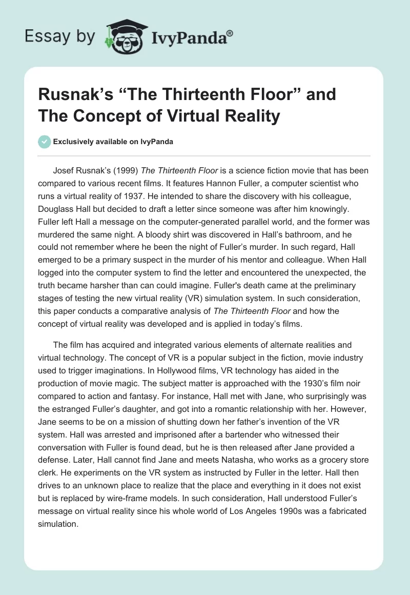 Rusnak’s “The Thirteenth Floor” and The Concept of Virtual Reality. Page 1