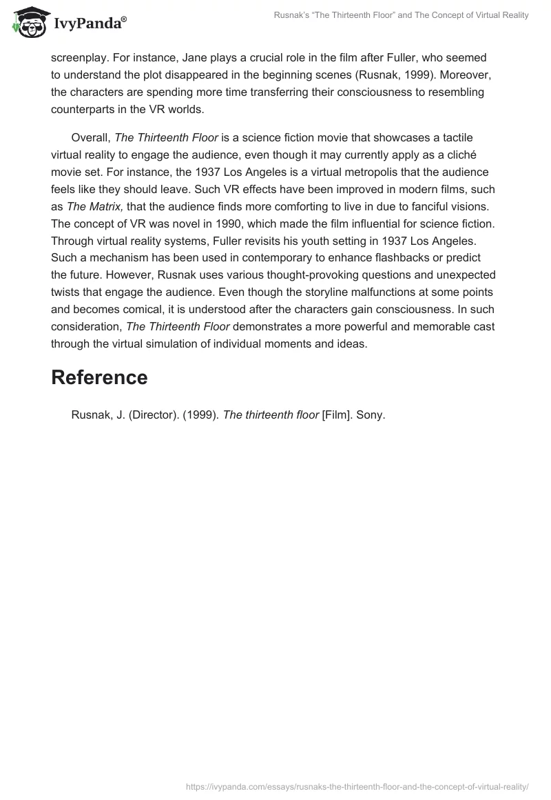 Rusnak’s “The Thirteenth Floor” and The Concept of Virtual Reality. Page 3