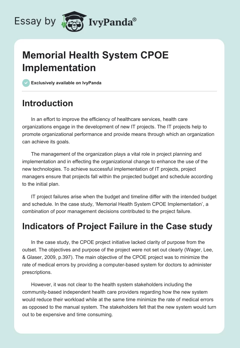 Memorial Health System CPOE Implementation. Page 1