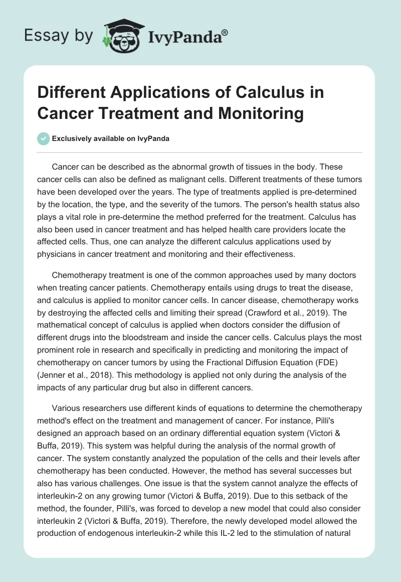 Different Applications of Calculus in Cancer Treatment and Monitoring. Page 1