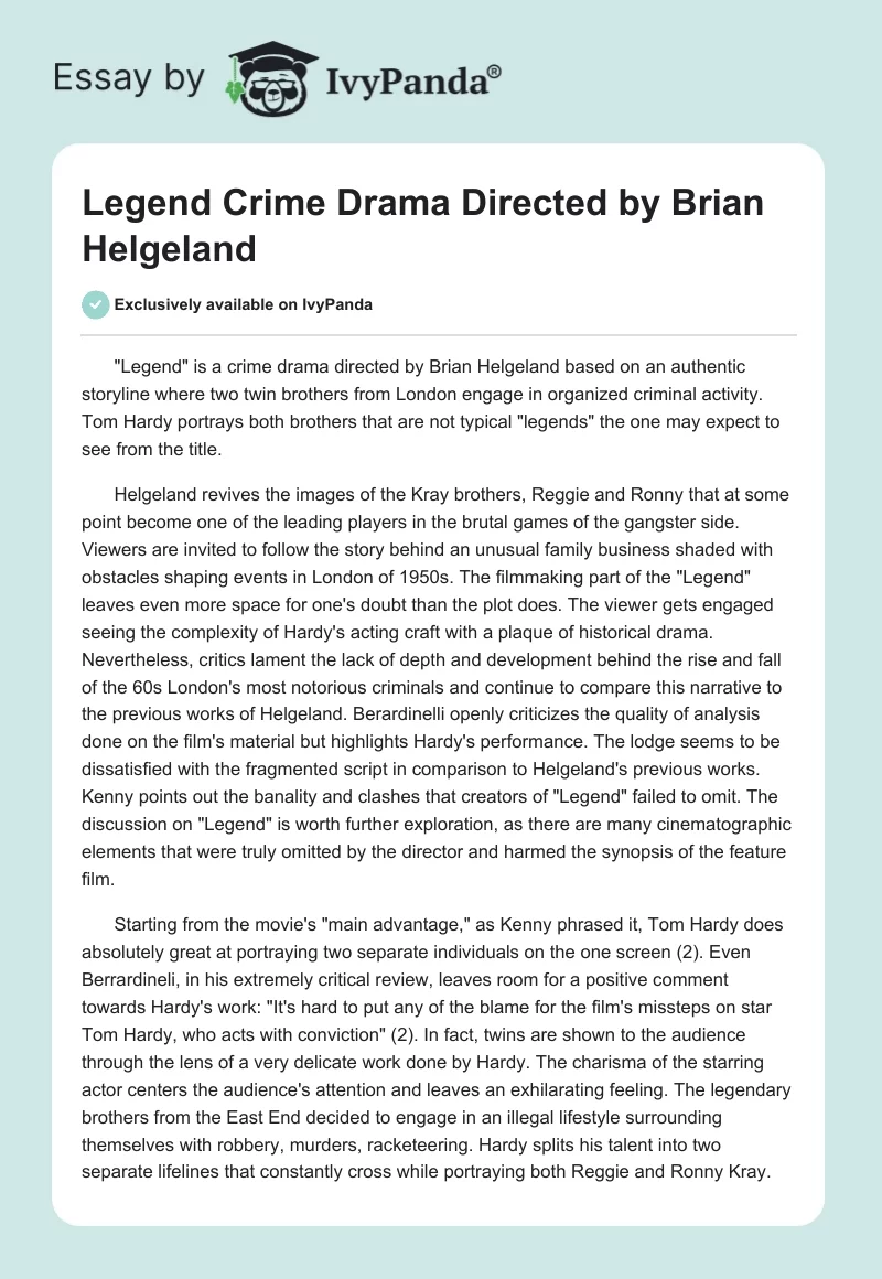 "Legend" Crime Drama Directed by Brian Helgeland. Page 1