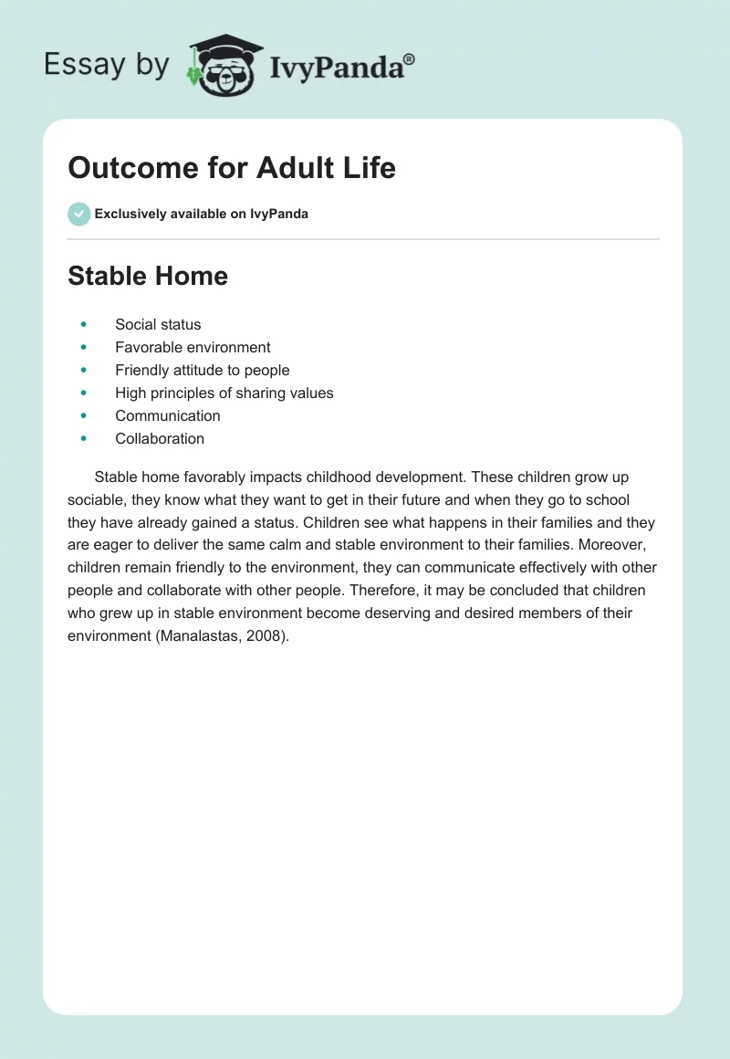 Outcome for Adult Life. Page 1