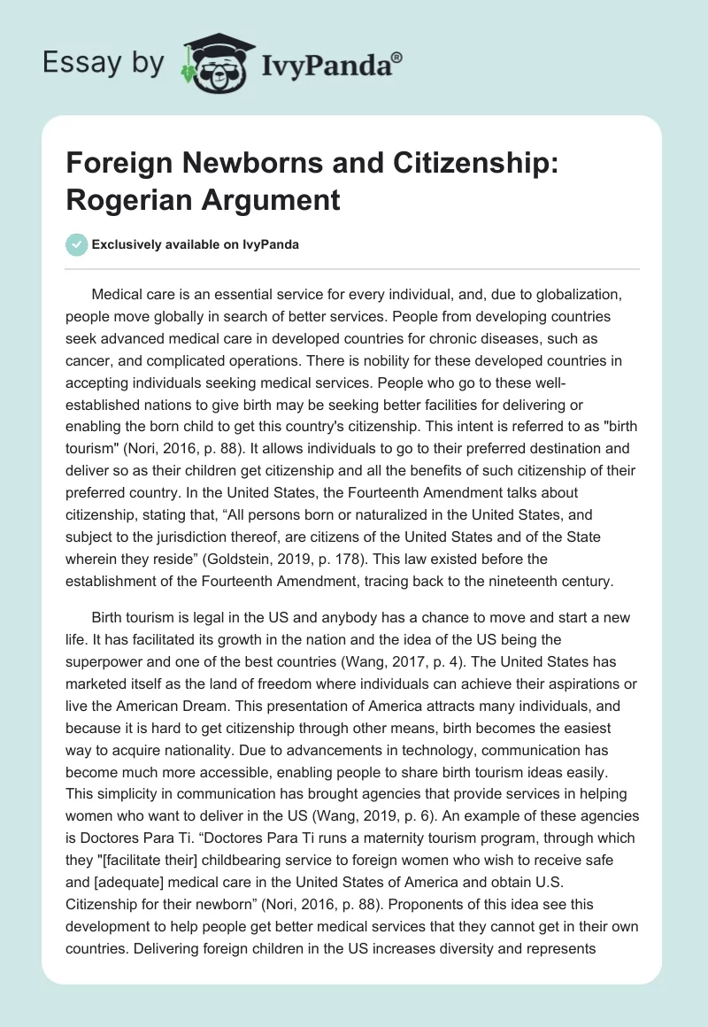 Foreign Newborns and Citizenship: Rogerian Argument. Page 1