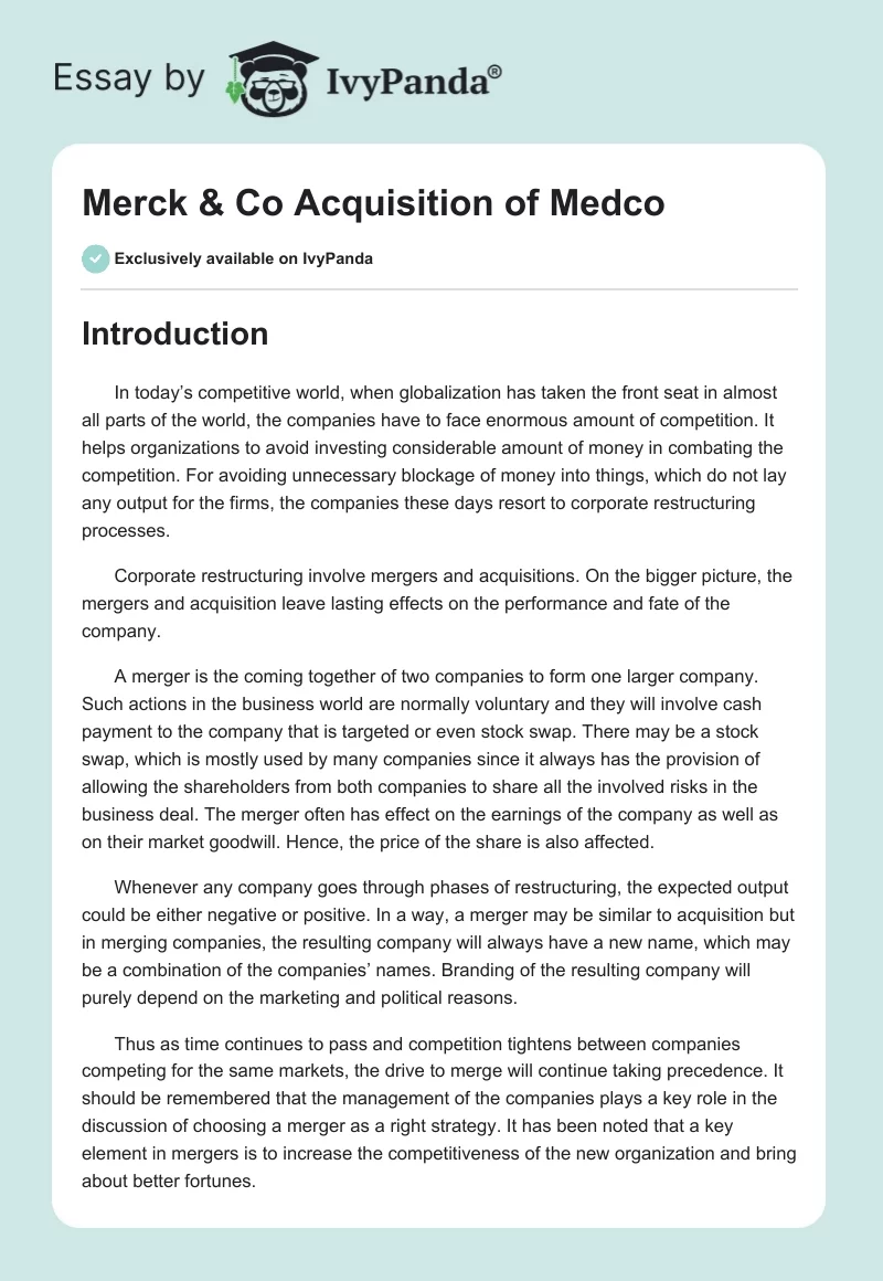 Merck & Co Acquisition of Medco. Page 1